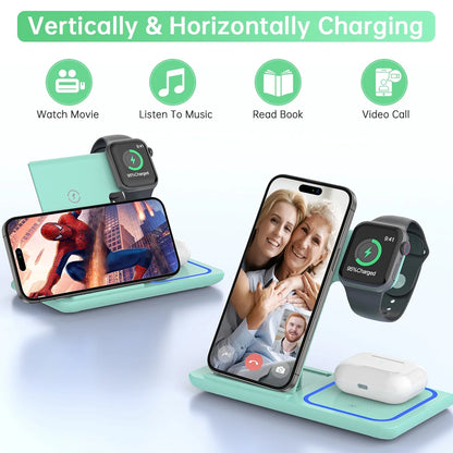 Wireless Charging Station, 2025 Upgraded 18W 3 in 1 Wireless Charger Stand for Iphone 16/15/14/13/12/11 Pro/Xs, Airpods 4/3/2/1/Pro, Iwatch Series 10/9/8/7/6/5/4/3,Samsung Phones(Green)